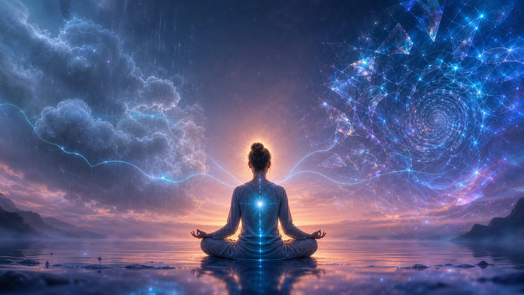 Meditating figure by a lake at sunset beneath storm clouds and a glowing cosmic spiral
