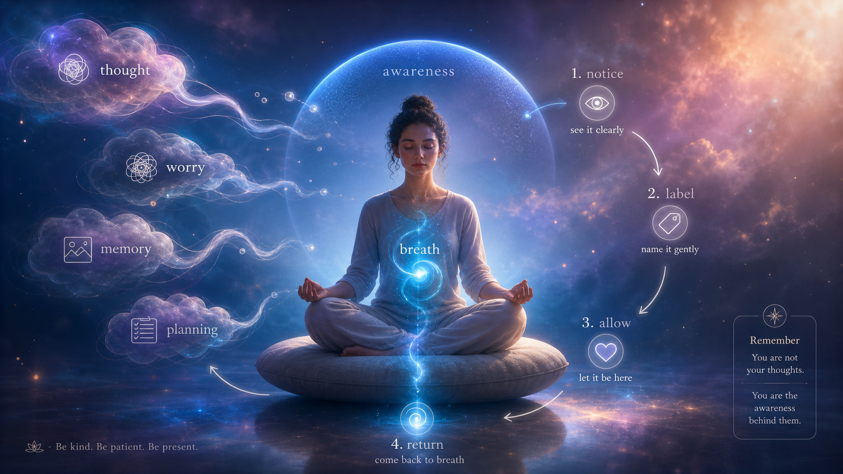Meditating woman visualizes breath, awareness, and thought clouds in a cosmic mindfulness guide