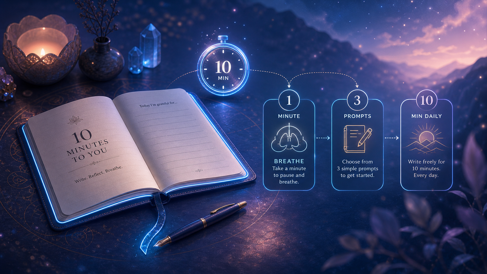 Open journal and glowing 10-minute mindfulness timer with breathing prompts in a dreamy mountain night scene