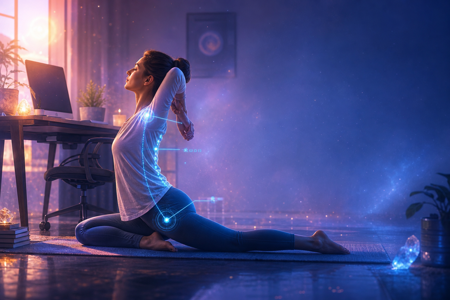 Woman in pigeon yoga pose with glowing spine overlay in a moody home office
