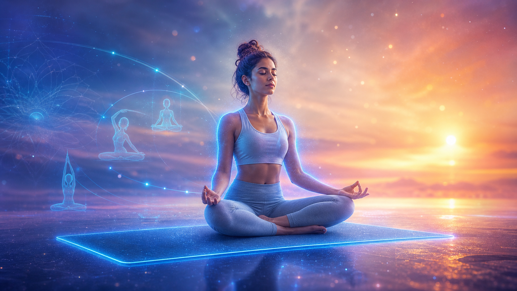 Woman meditating on a glowing mat at sunset with holographic yoga poses and cosmic lights