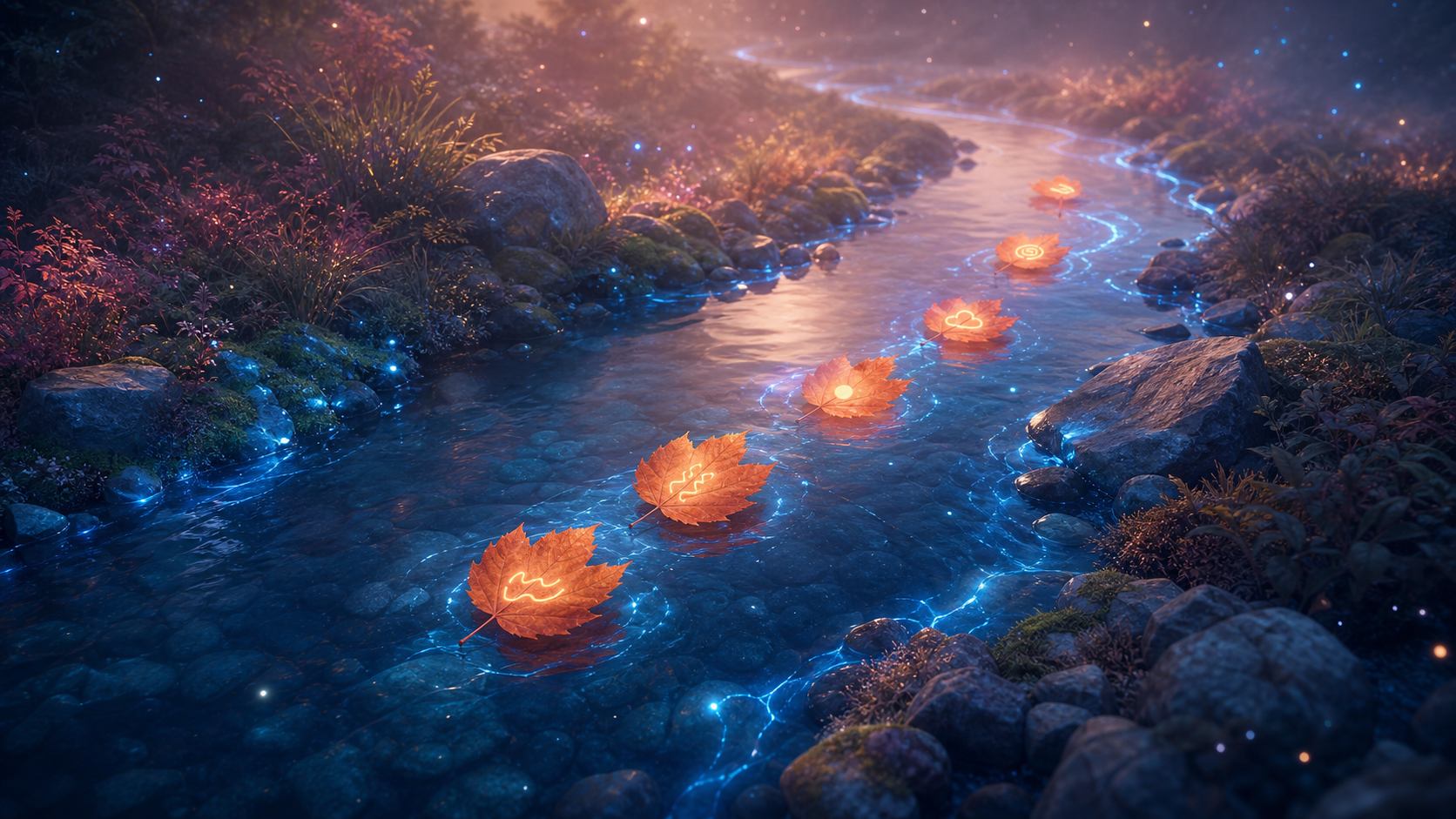 Glowing lotus lanterns drift down a moonlit stream through a magical forest with blue fireflies