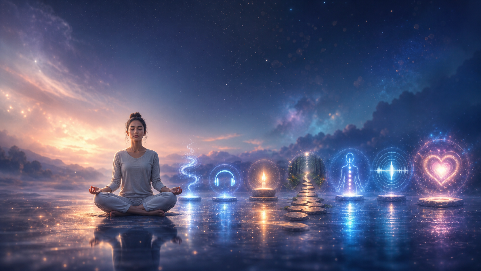 Woman meditating on reflective water at twilight, with glowing spiritual symbols under a starry sky