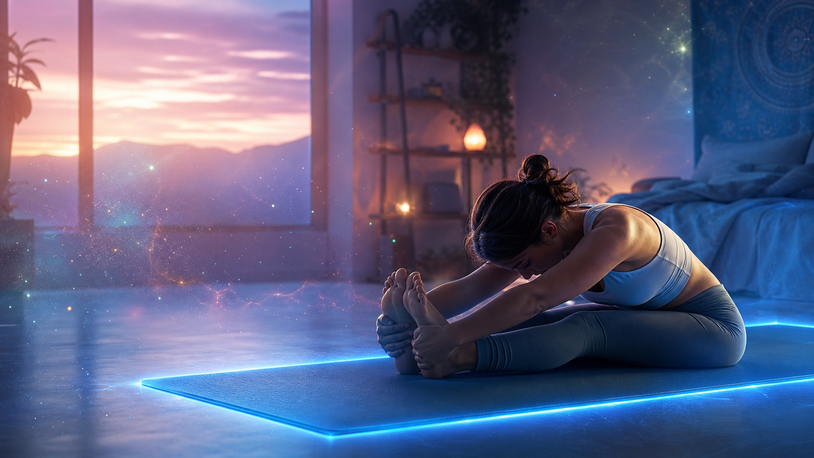 Woman stretches on a glowing yoga mat in a cozy room at sunset with a mountain view