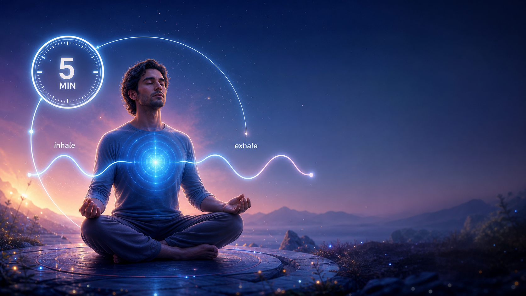 Man meditating at dusk with glowing chest, breath wave, and 5-minute timer in a serene mountain landscape