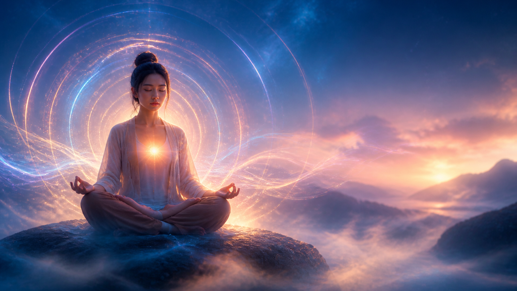 Woman meditating on a mountain at sunrise, surrounded by glowing cosmic light rings and mist
