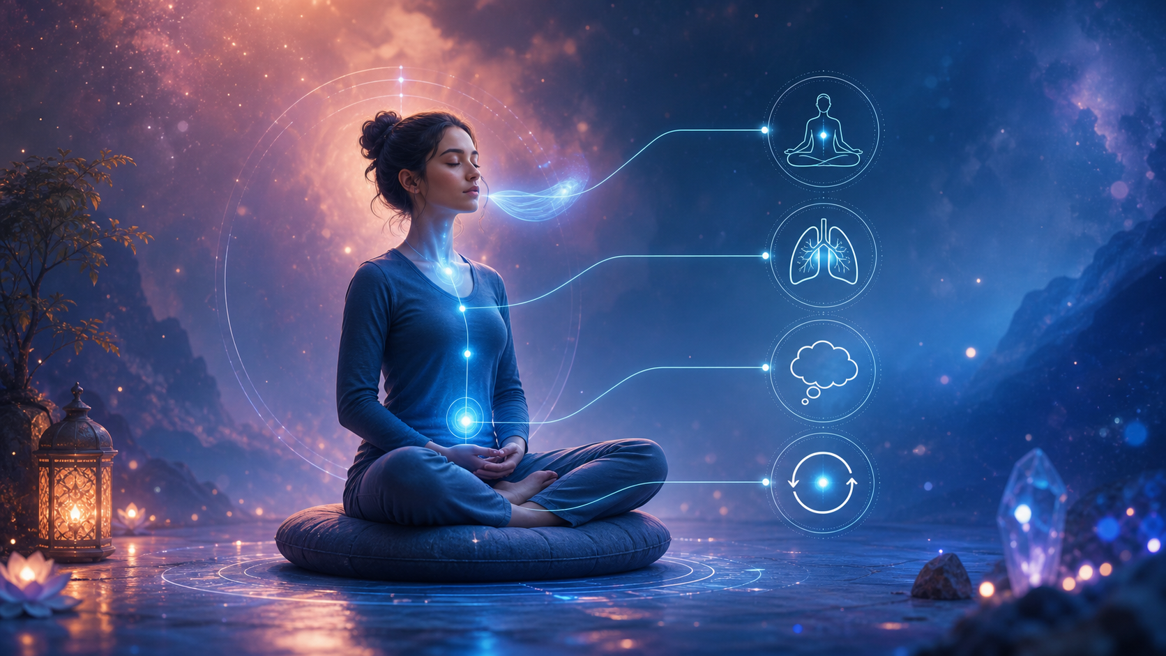 Woman meditating on a cushion with glowing chakras and wellness icons in a mystical night scene