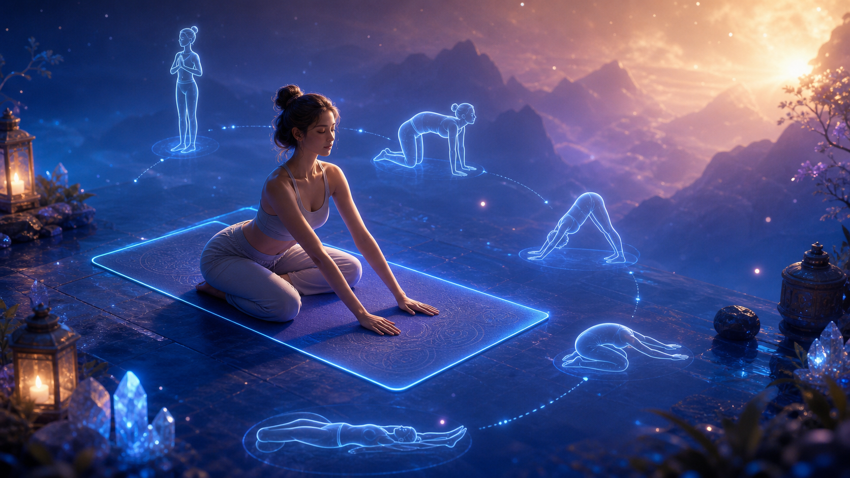 Woman doing yoga on a glowing mat with holographic pose guides in a dreamy mountain landscape