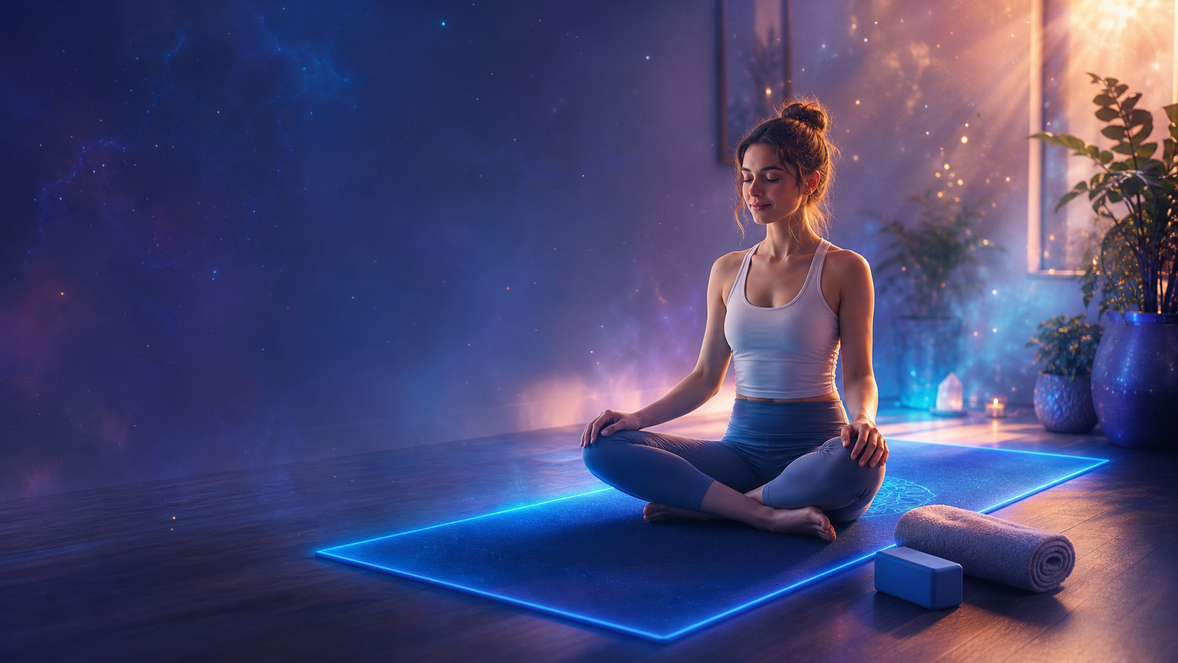 Woman meditating on a glowing yoga mat in a serene, starry room with plants and yoga blocks