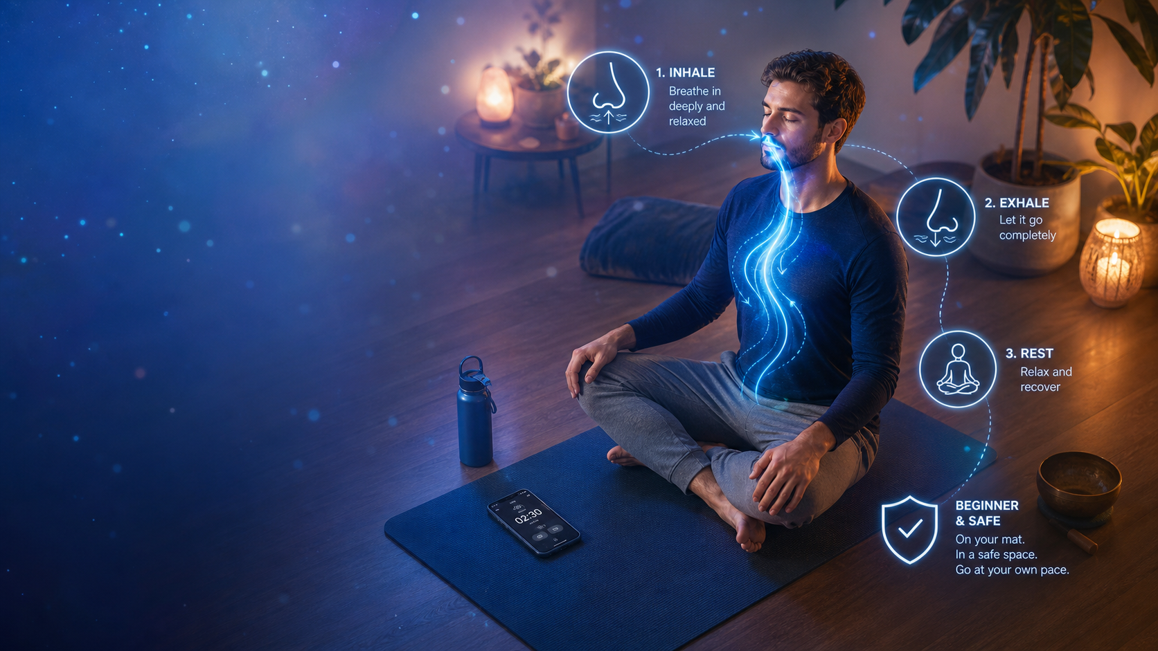 Man meditating on a mat with glowing breath path, guided breathing steps, and calming room lights