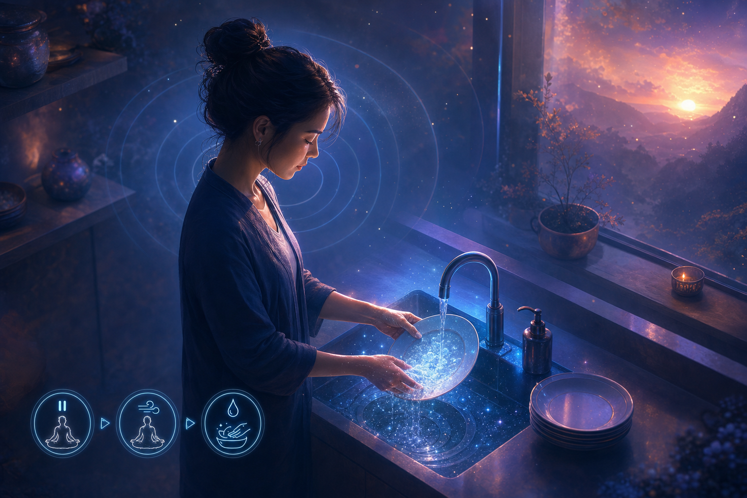 Woman rinses a glowing starry bowl at a sink as a magical sunset fills the window