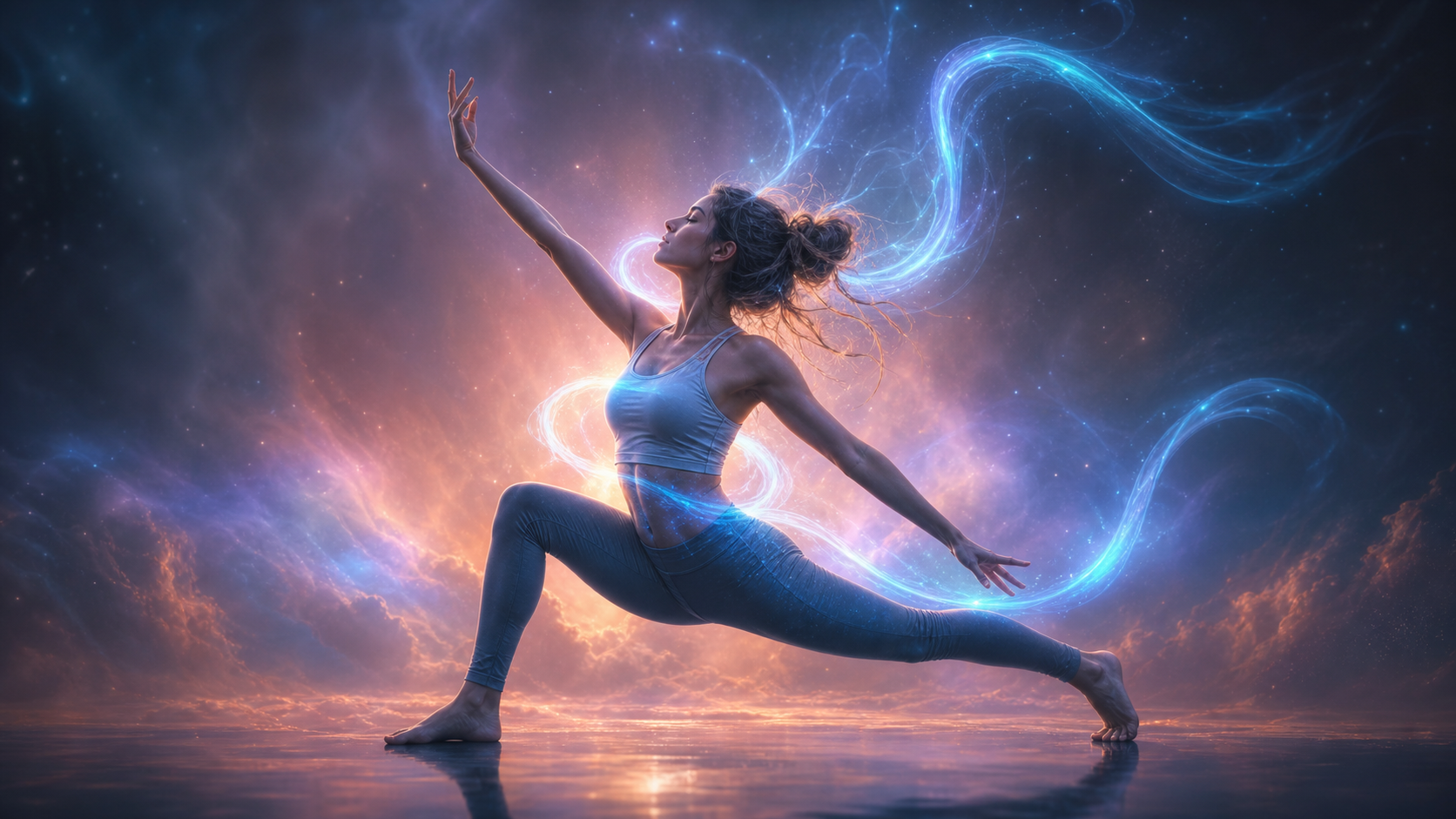 Dancer in a dramatic lunge surrounded by glowing blue light trails against a cosmic sunset sky