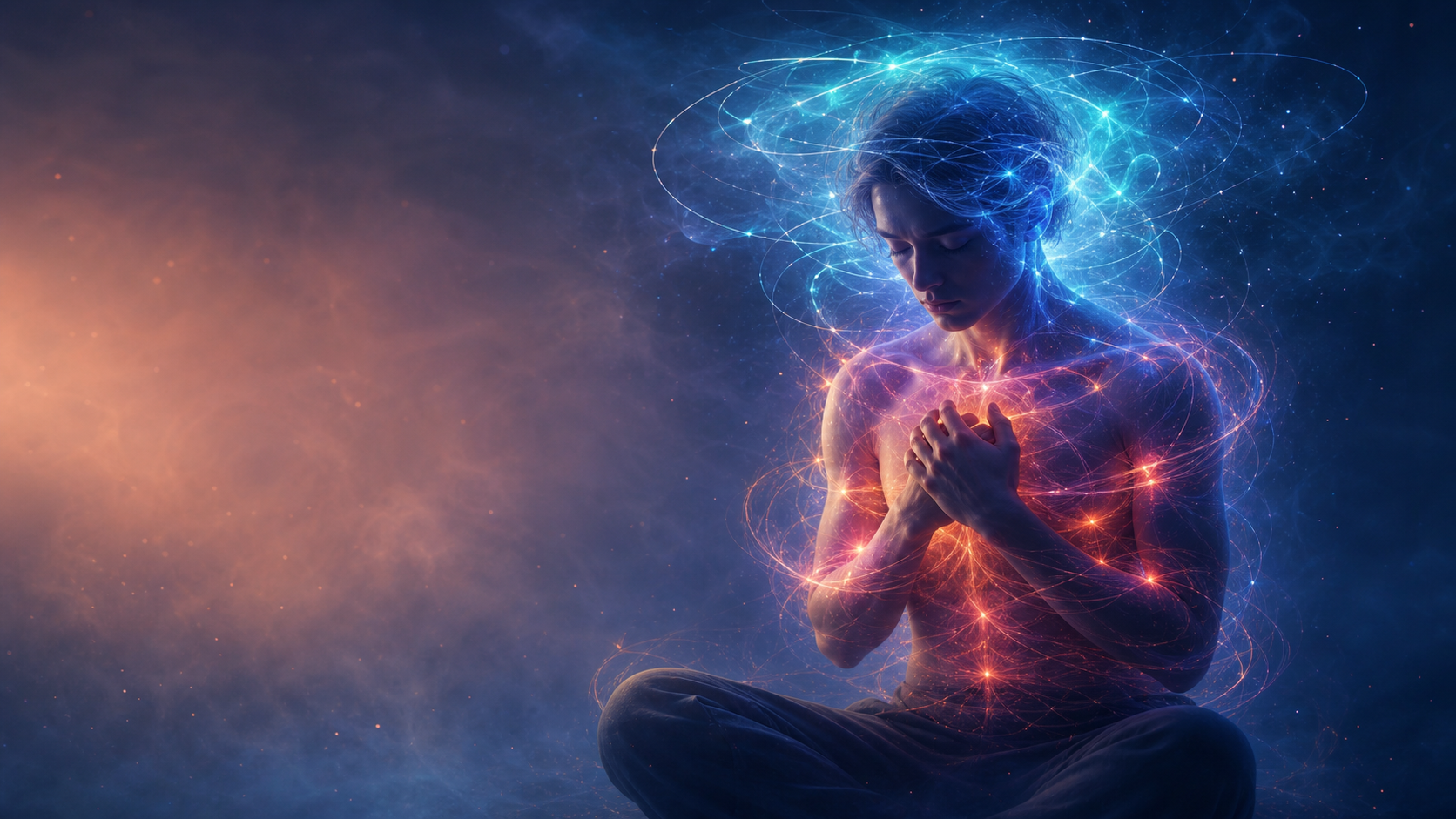 Meditating figure with glowing cosmic energy and swirling blue-orange light in a starry nebula