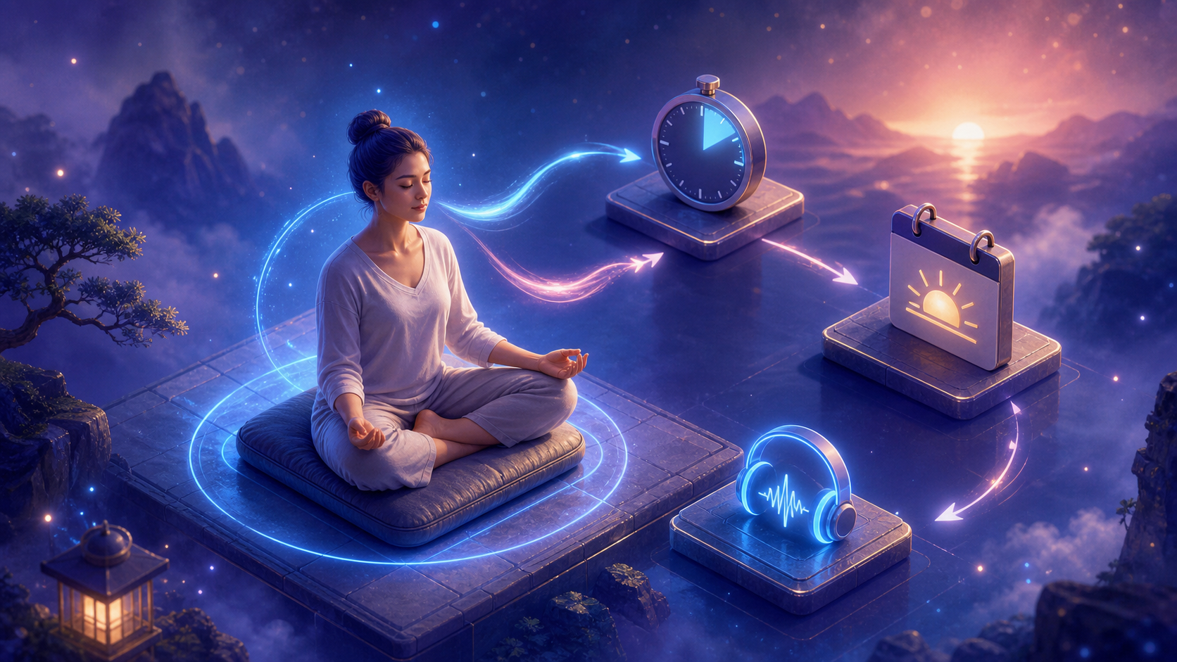 Woman meditating on a floating platform with glowing paths to clock, sunrise calendar, and headphones
