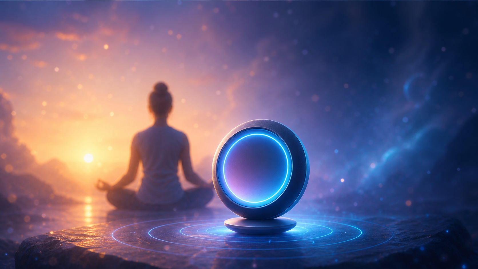 Meditating silhouette at sunset beside a glowing blue orb on a cosmic, misty landscape