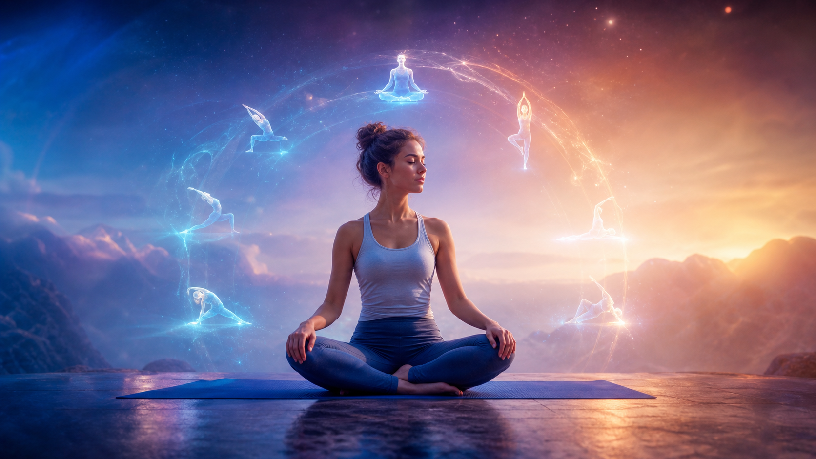 Woman meditating on a mat at sunrise, surrounded by glowing yoga poses in a mountain landscape