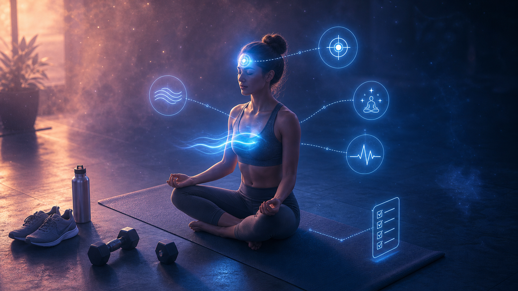 Woman meditating on yoga mat with glowing biometric fitness icons in a futuristic gym
