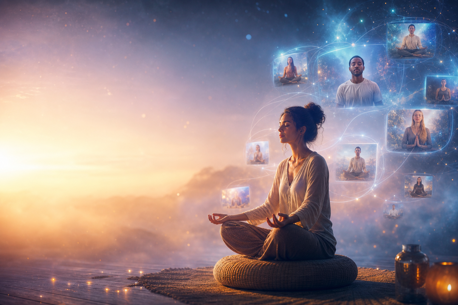 Woman meditating at sunrise with glowing virtual meditation screens around her
