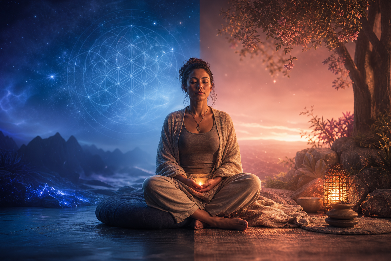Woman meditating at sunset by a lantern, split with blue cosmic mountains and glowing sacred geometry