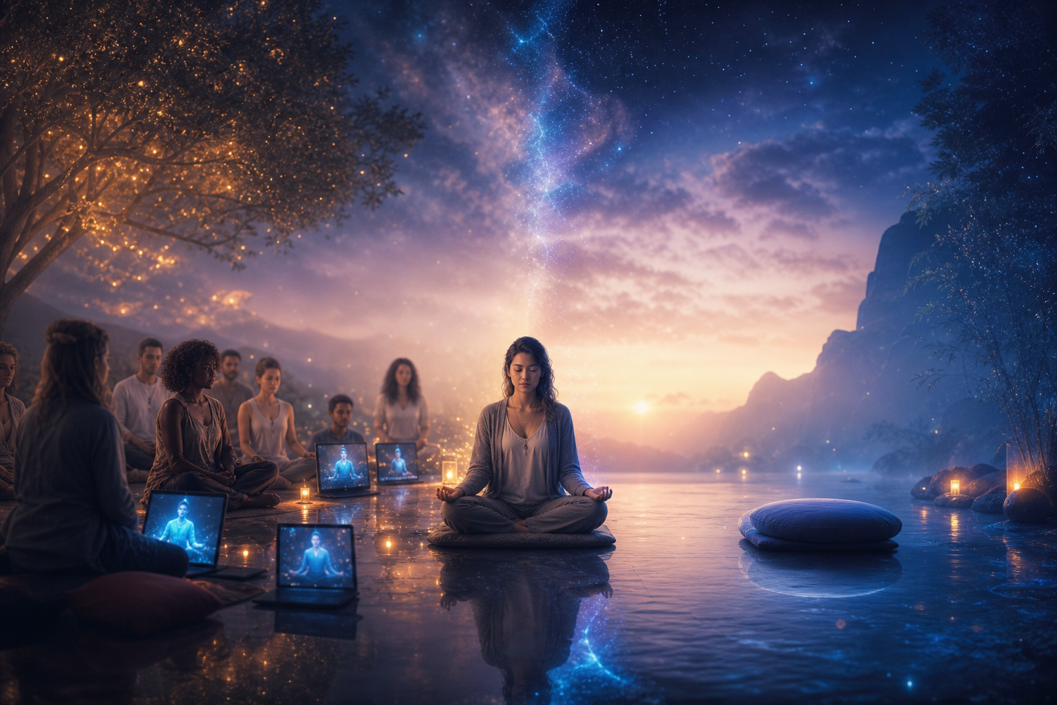 Group meditation by a lake at twilight, with glowing tablets, candles, mountains, and a starry cosmic sky