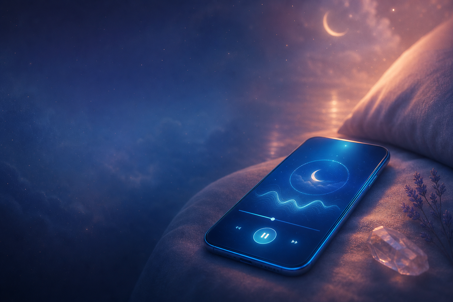 Smartphone on a pillow playing soothing night music beneath a crescent moon and starry sky