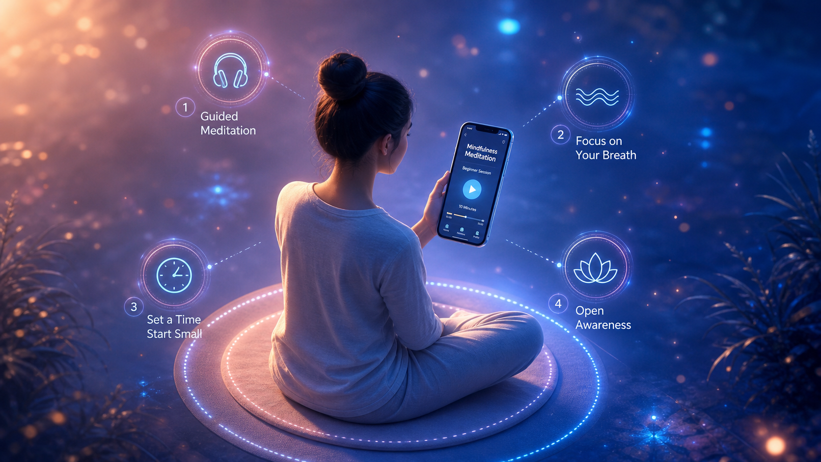 Woman meditating on glowing mat with mindfulness app and icons for breath, timer, and awareness