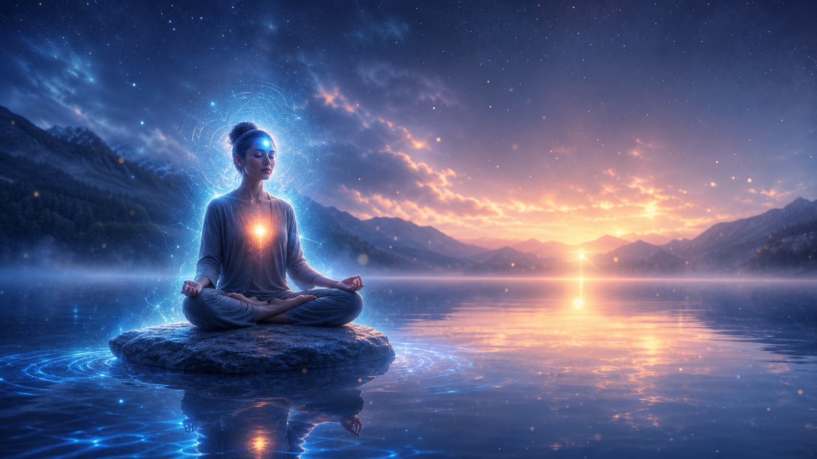 Glowing figure meditates on a rock in a tranquil lake beneath a starry sunset over mountains