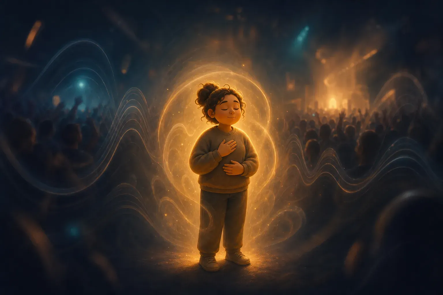 A child stands serenely in a glowing aura amid a concert crowd with swirling light waves