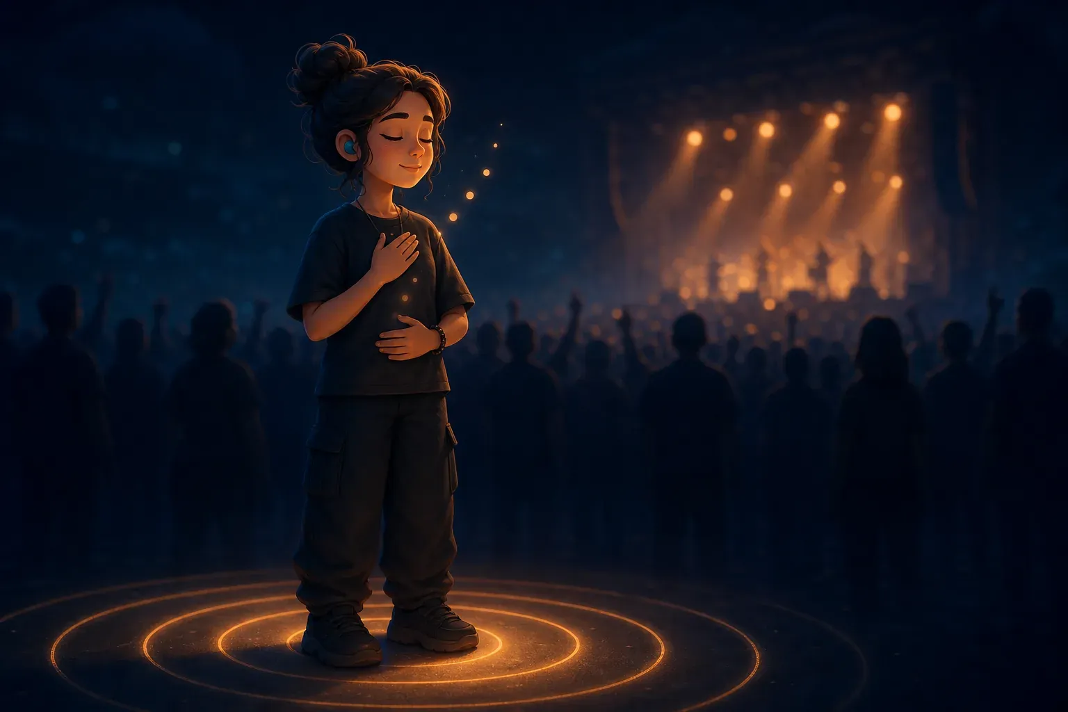 Child with eyes closed stands in glowing circles before a concert crowd and stage lights