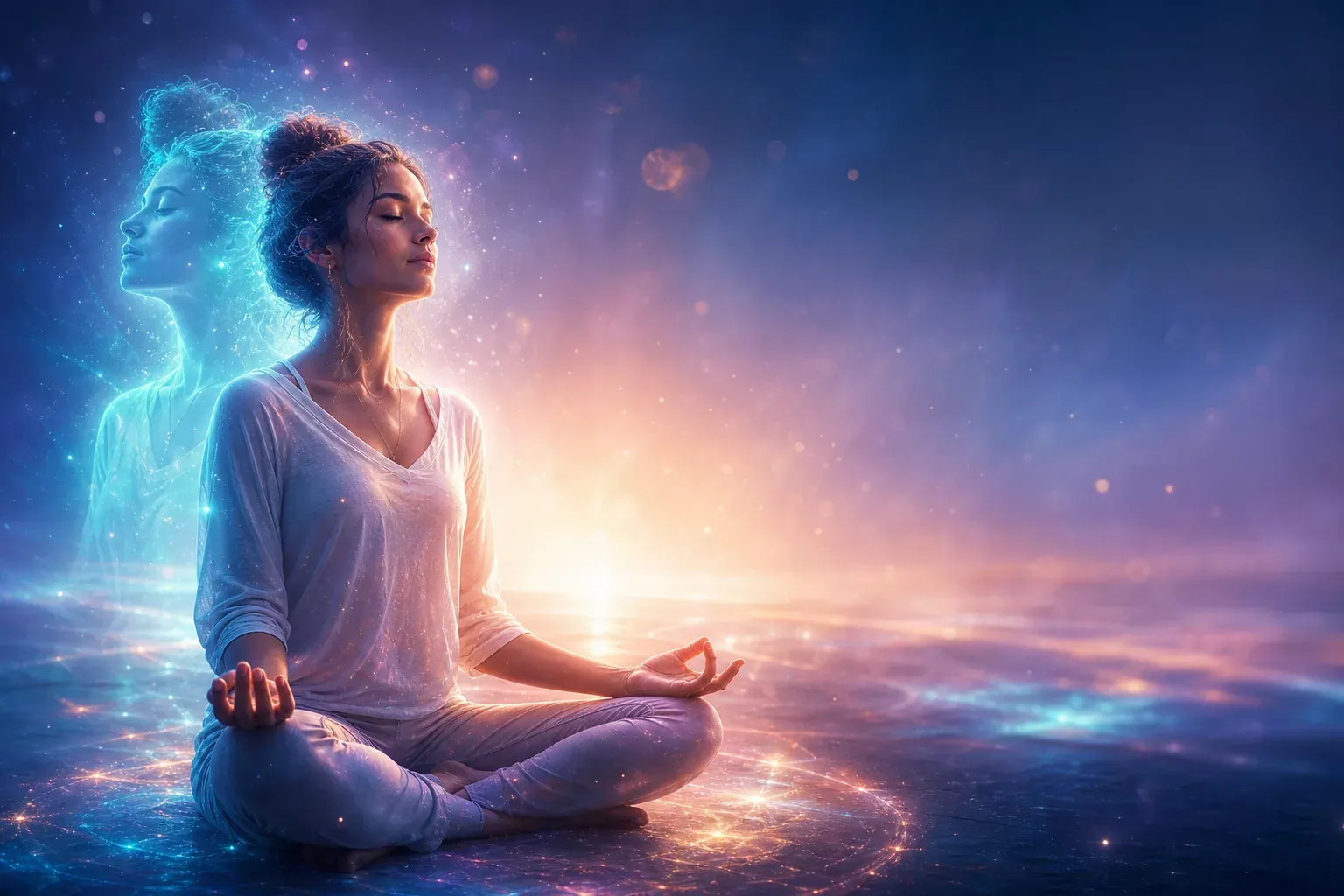 Woman meditating cross-legged in a glowing cosmic scene with a blue astral silhouette behind her