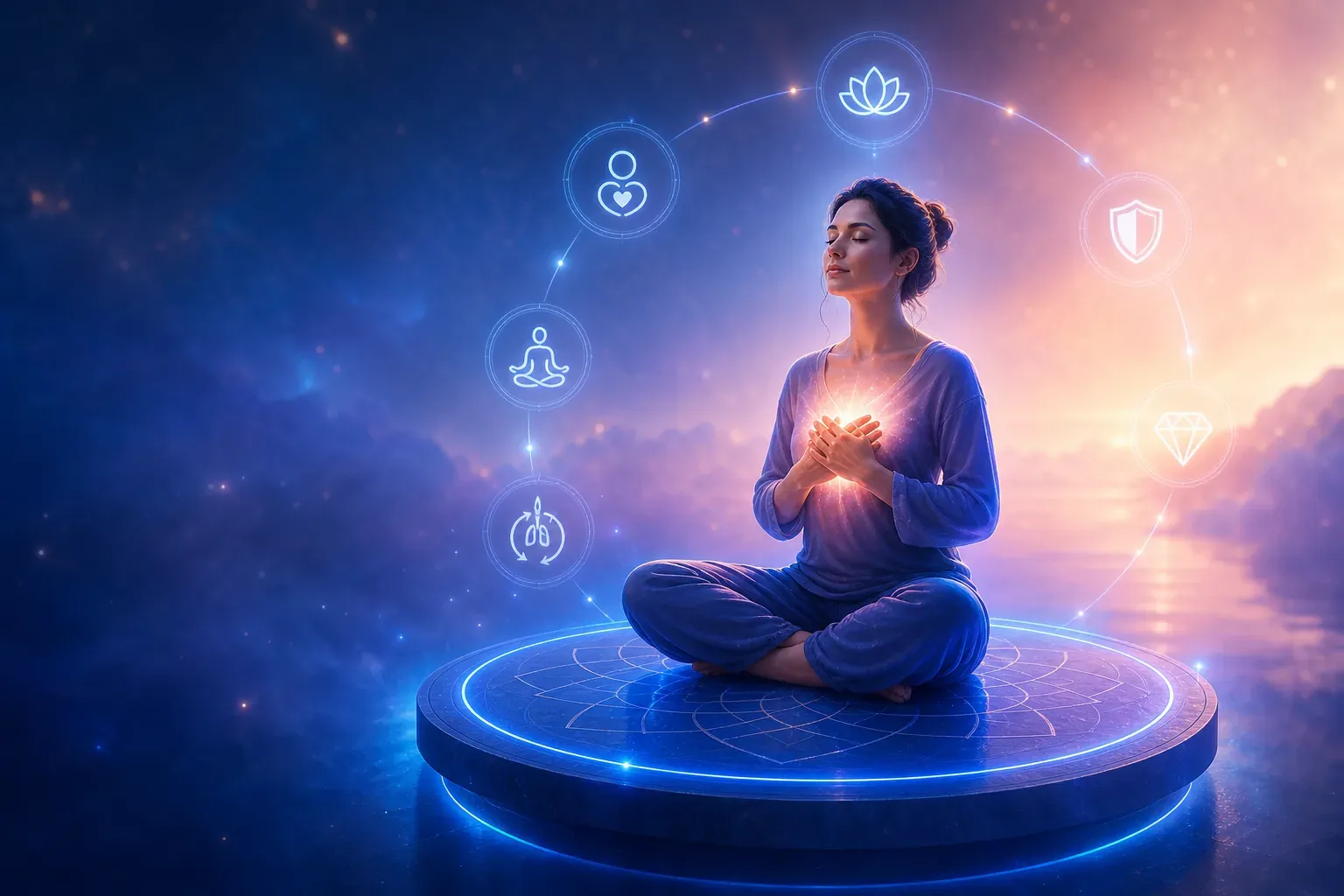 Woman meditating on a glowing platform with chakra icons in a cosmic sunset landscape