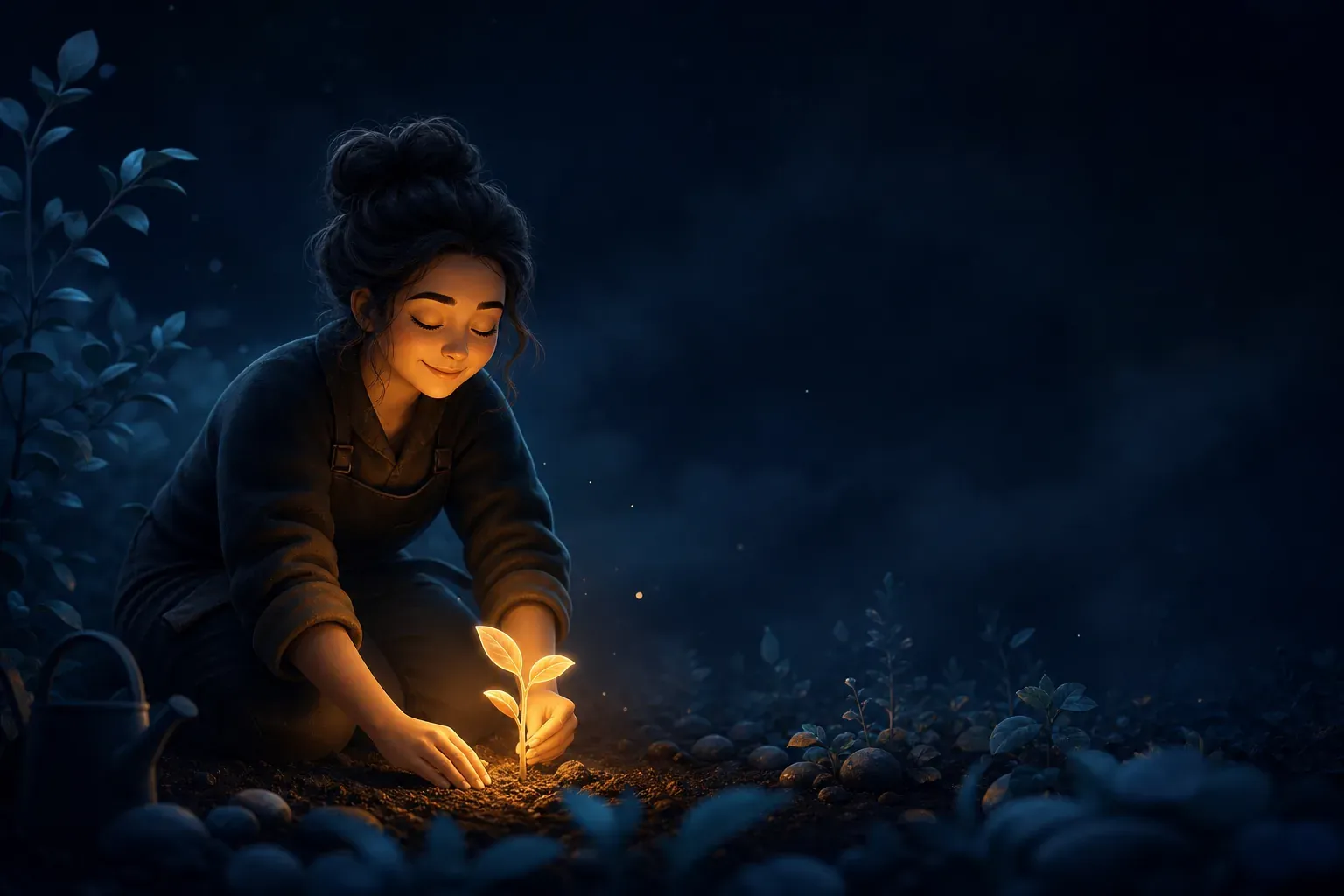 Young woman kneels in a moonlit garden, cupping a glowing sprout emerging from soil