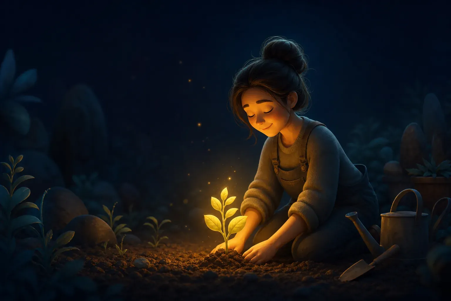 Girl kneels in a dark garden planting a glowing sprout, with a trowel and watering can nearby