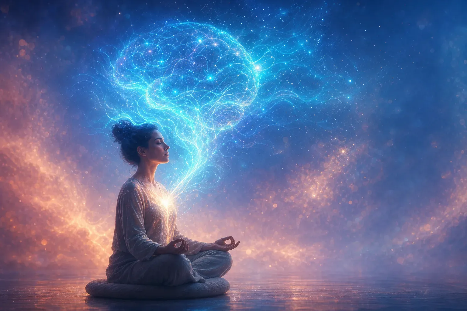 Woman meditating as a glowing cosmic brain of blue light rises from her chest