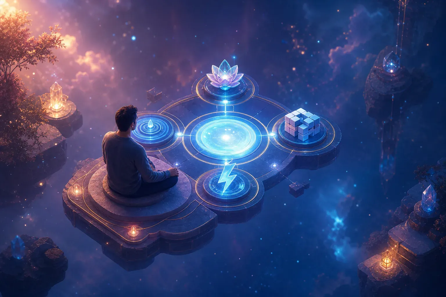 Person meditating on a floating platform with glowing futuristic circles in a starry fantasy sky