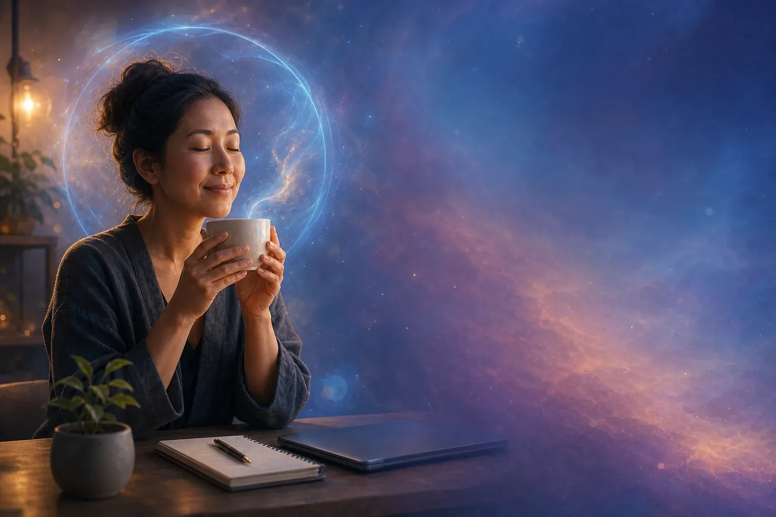 Woman calmly holding a mug at a desk as glowing cosmic light swirls around her