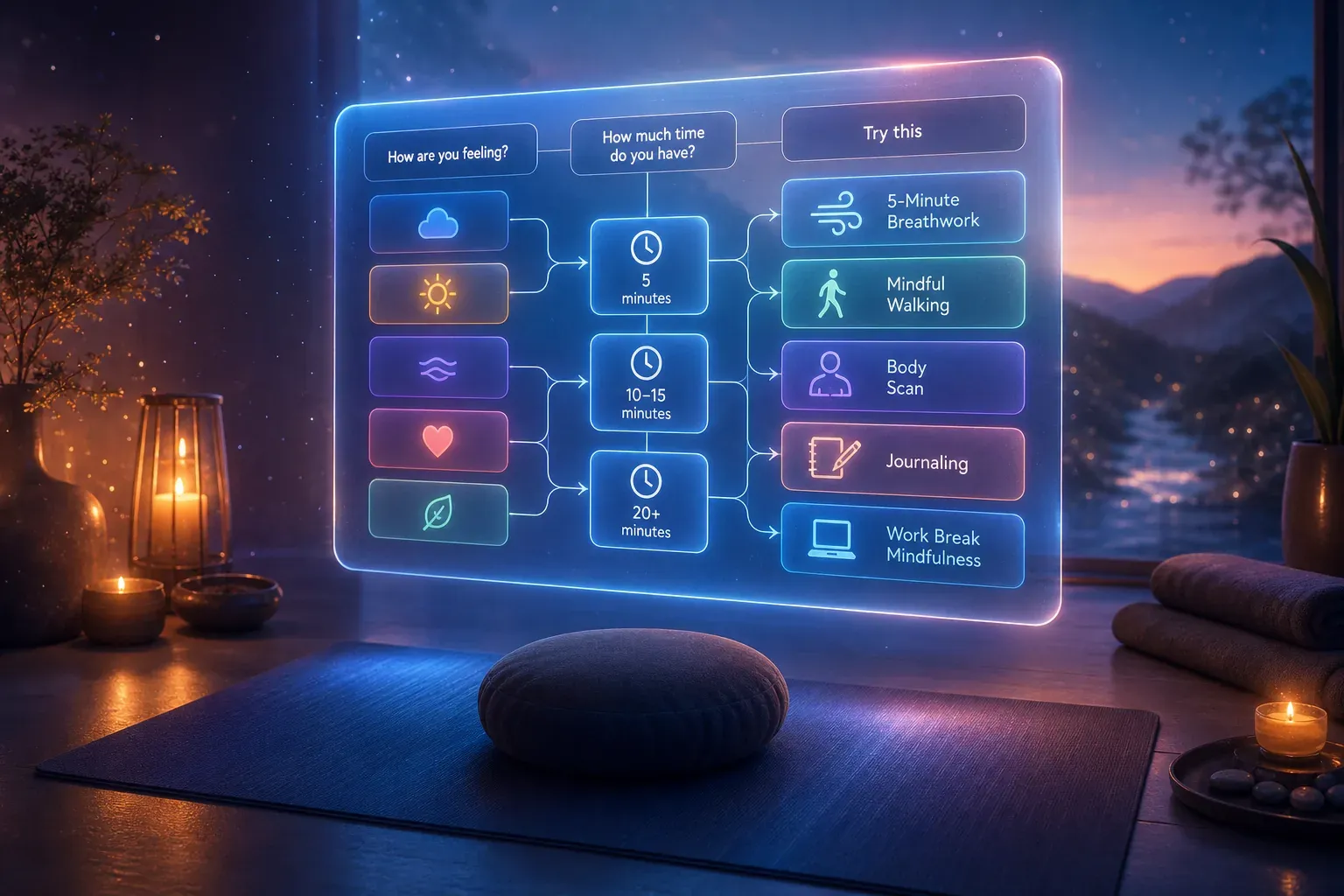Glowing wellness routine planner UI above a yoga mat with meditation cushion, candles, and sunset mountain view