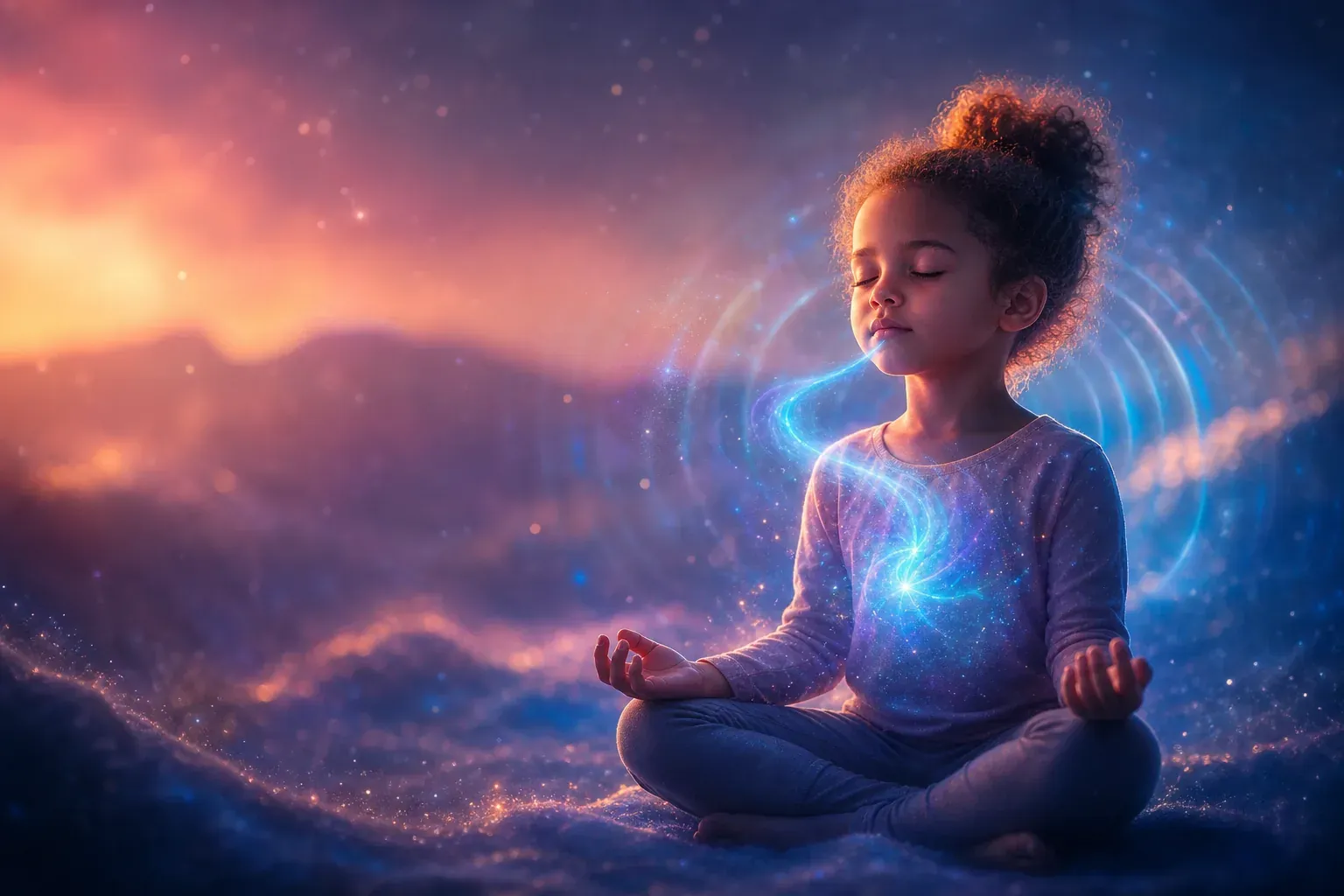Child meditating cross-legged amid glowing cosmic waves and stars in a colorful dreamlike landscape