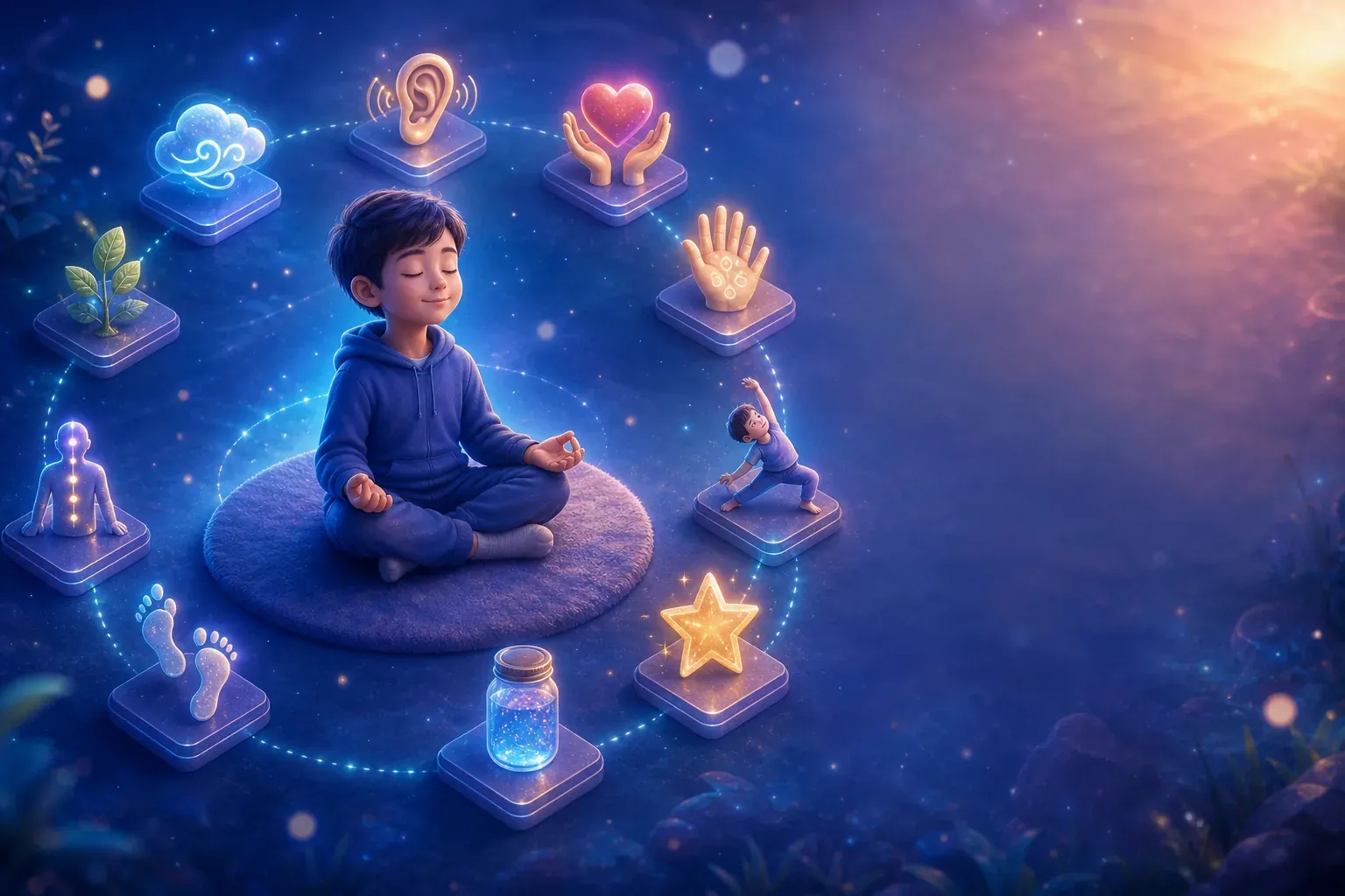 Child meditating on a glowing mat surrounded by floating wellness icons in a dreamy starry scene