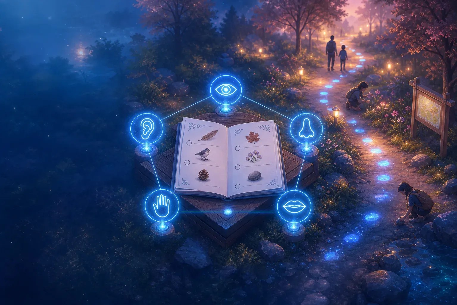 Glowing spellbook with sensory icons in a magical forest beside a lit path with silhouetted people