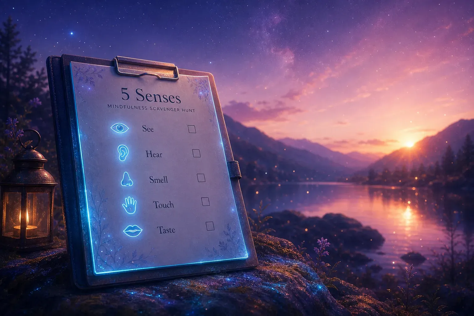 Glowing 5 Senses checklist on a clipboard beside a lantern by a mountain lake at sunset