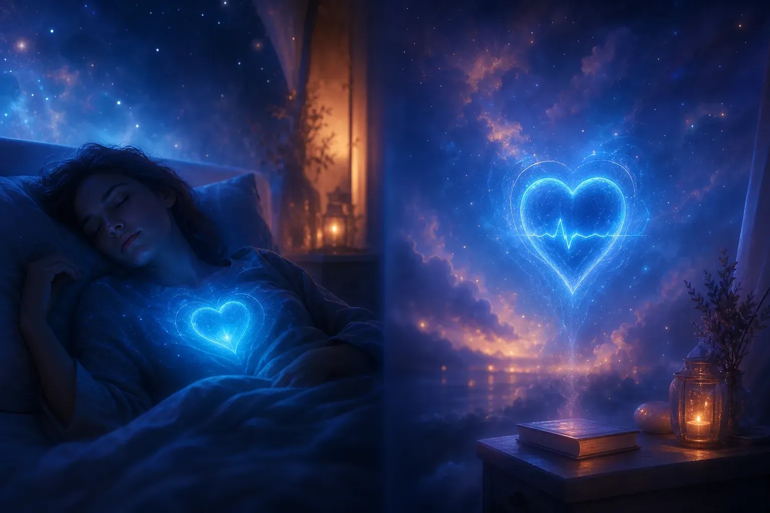 Sleeping woman with glowing blue heart on her chest beside a window showing a matching heart in a starry sky