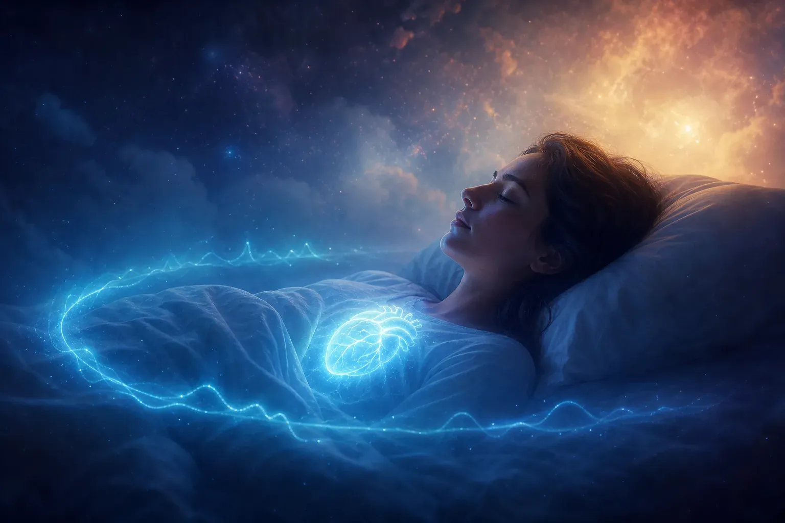 Woman sleeping in bed under glowing blue energy waves and a starry dreamlike sky
