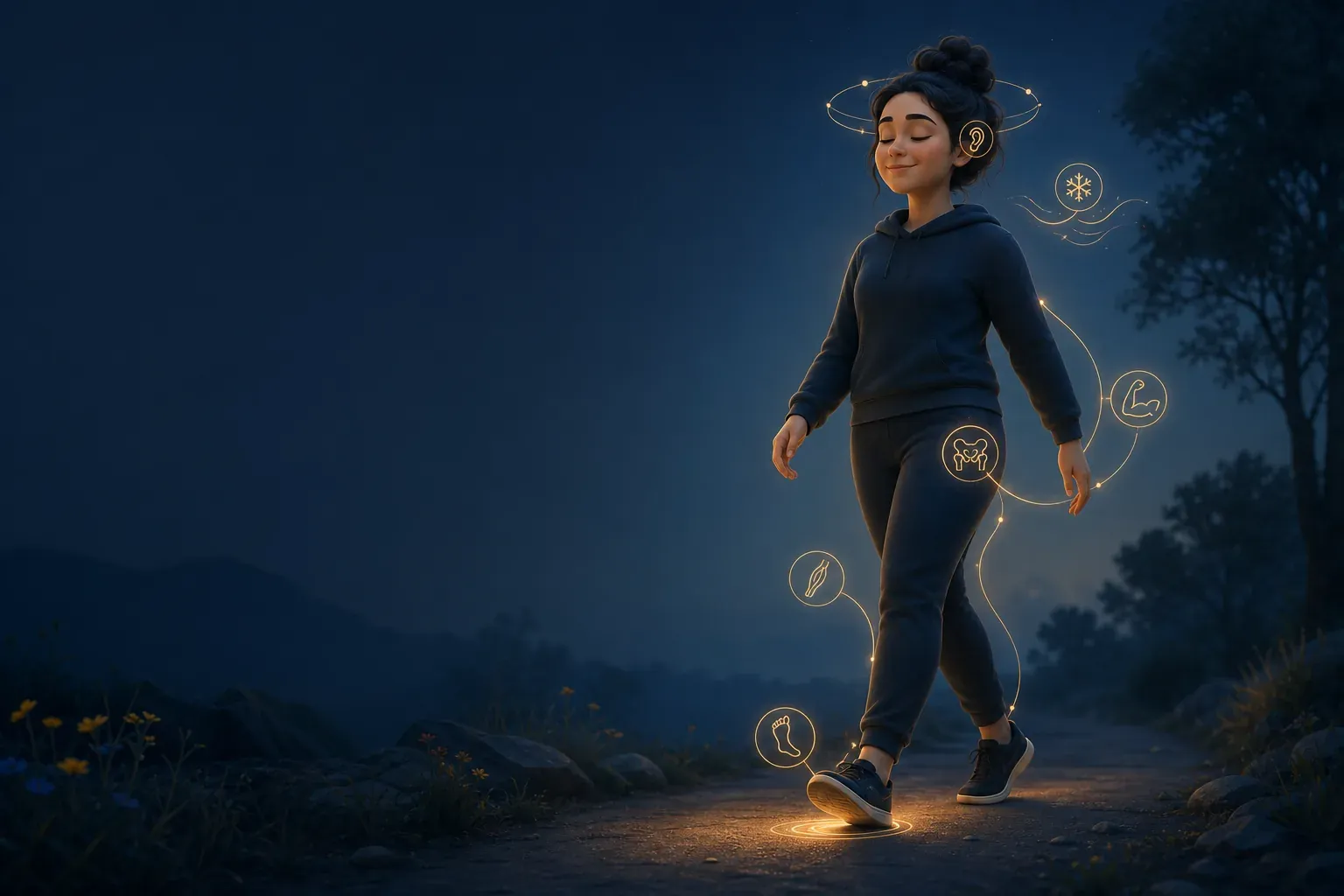 Animated girl walking on a moonlit path with glowing golden swirls, mountains and trees behind her