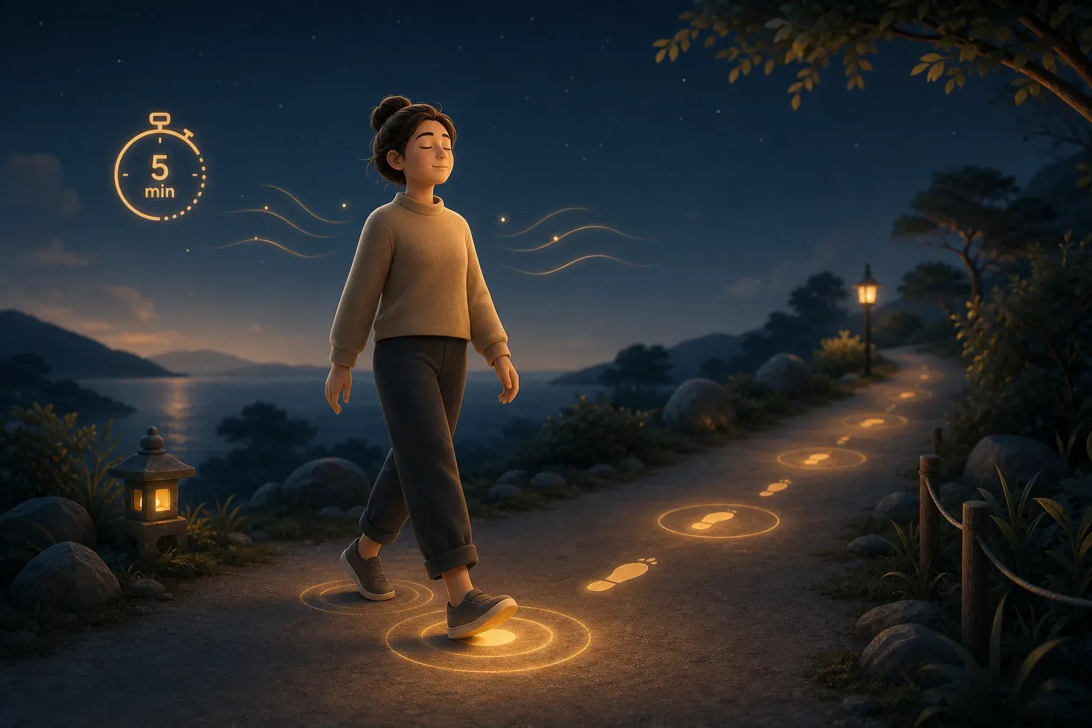 Animated girl walking on a glowing nighttime path by a lake, with a 5-minute timer and lanterns