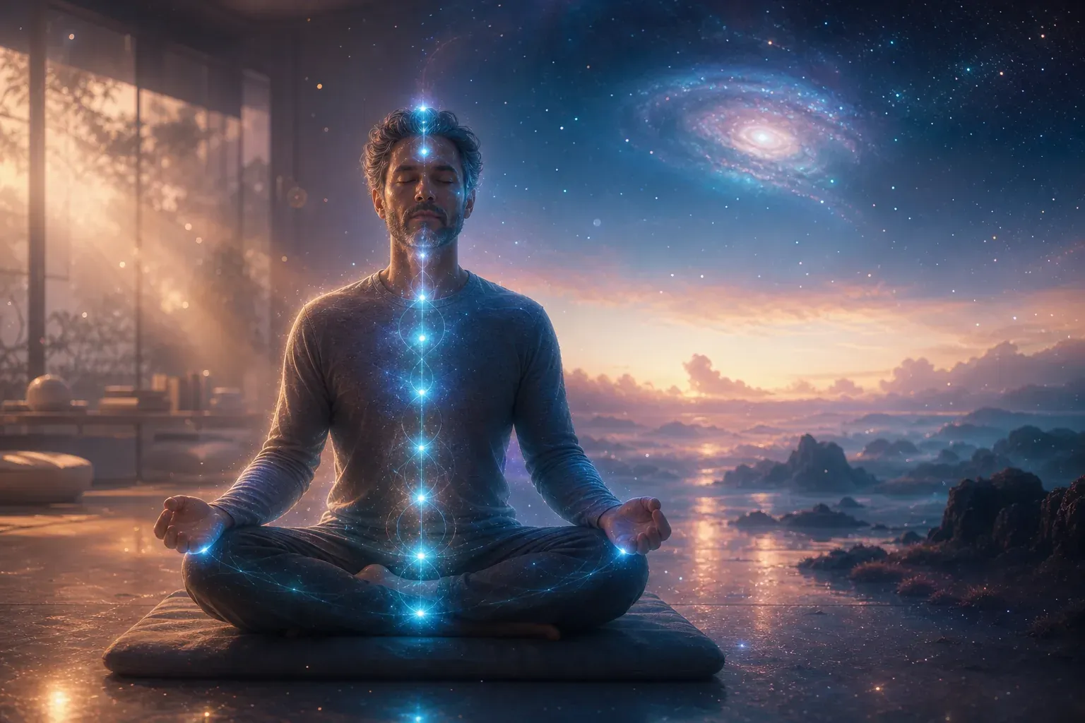 Meditating man with glowing chakras on a cosmic shore under a starry sky and spiral galaxy