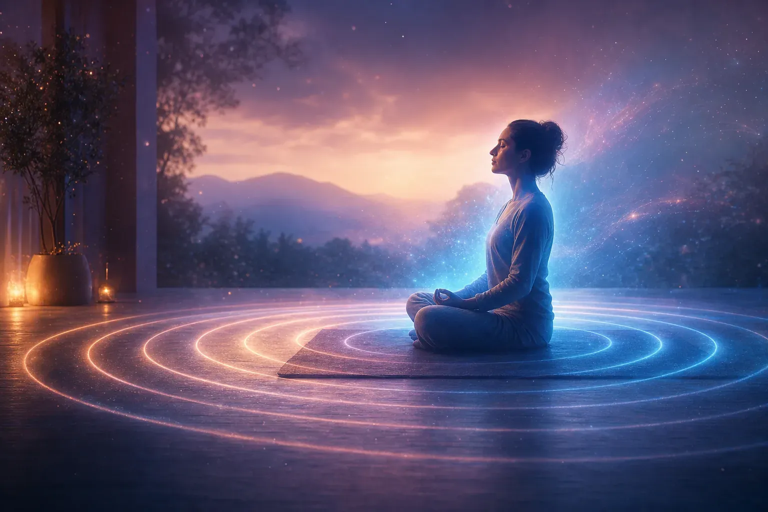 Woman meditating on a mat within glowing circles at sunset, with mountains and starry light