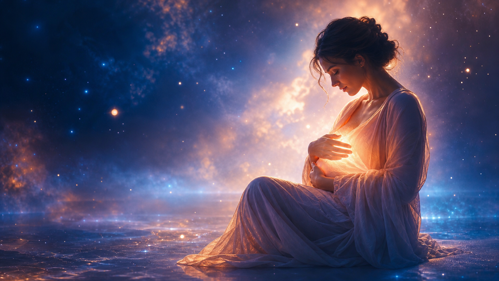 Pregnant woman in a flowing dress cradles a glowing belly under a starry cosmic sky