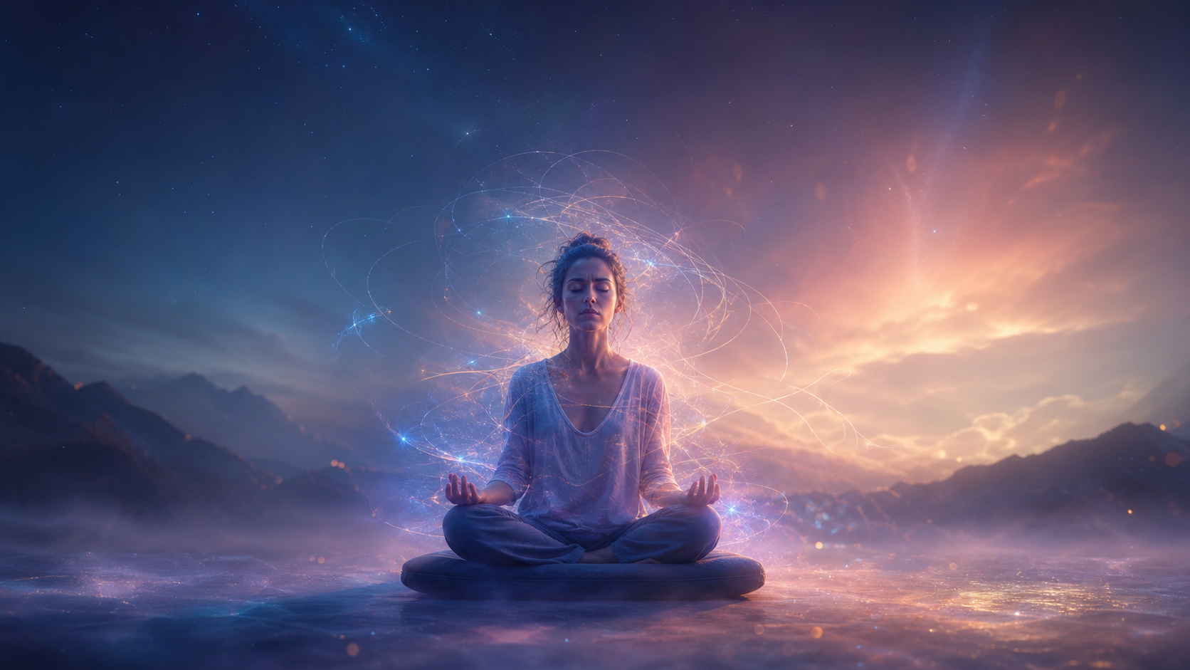 Person meditating cross-legged amid glowing energy under a starry twilight sky with distant mountains