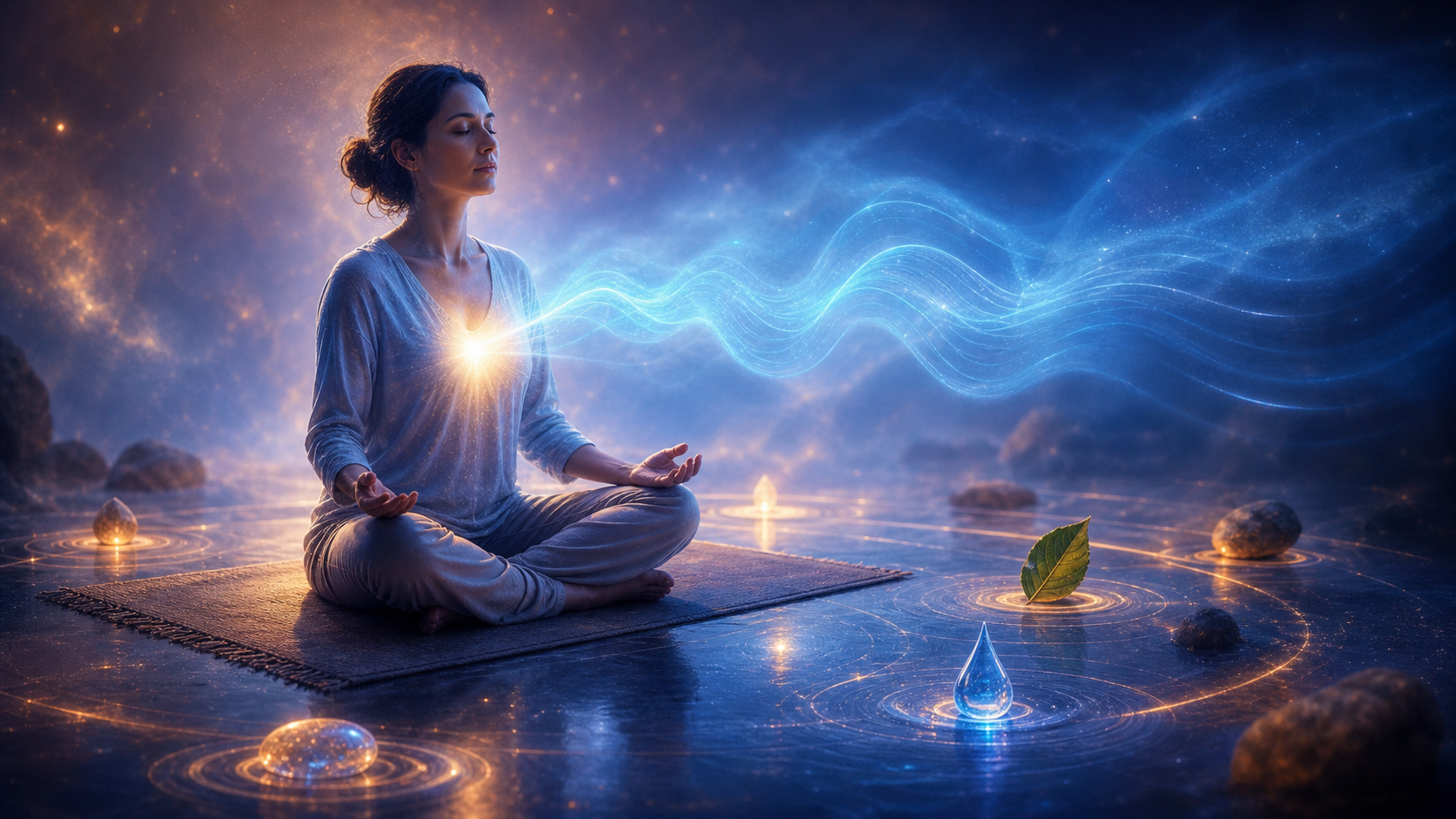 Woman meditating on a mat as glowing energy waves and orbs swirl across a cosmic shoreline
